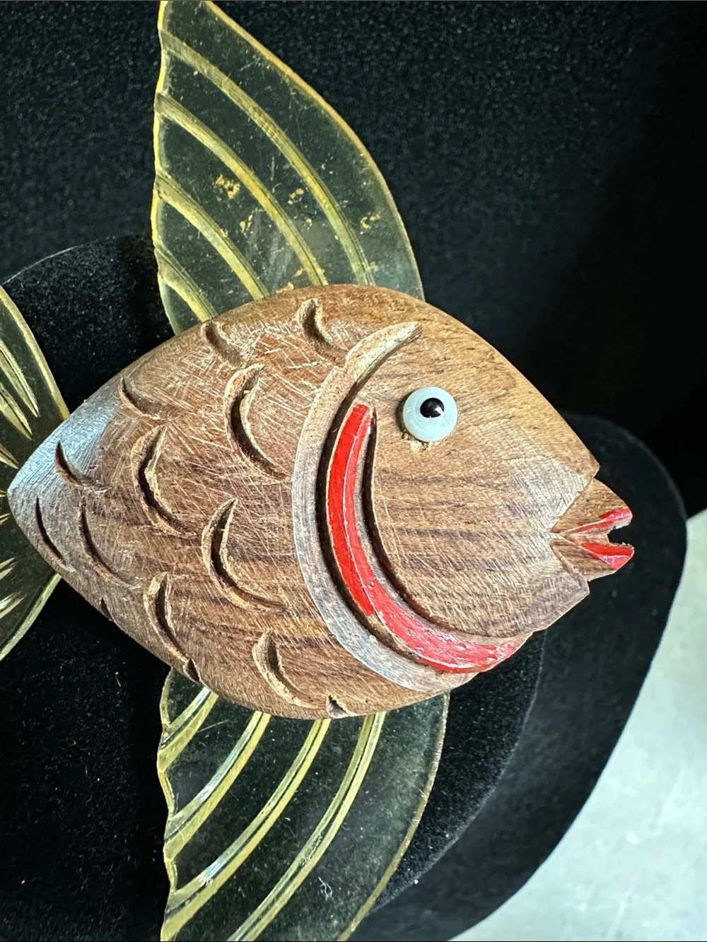 Vintage 1940s Carved Wood & Lucite Jelly Belly Flying Fish Brooch Pin WWII Era